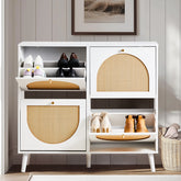 HAOYYE 2 Rows of 4 Dump Buckets Rattan Shoe Cabinet with High Gold Feet, White Frame and Natural Rattan Surface, Entryway Storage Organizer with Flip Drawers